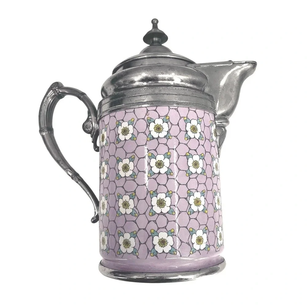 Antique Vintage Graniteware Enamel & Pewter Coffee Pot Pink Chicken Wire Dogwood